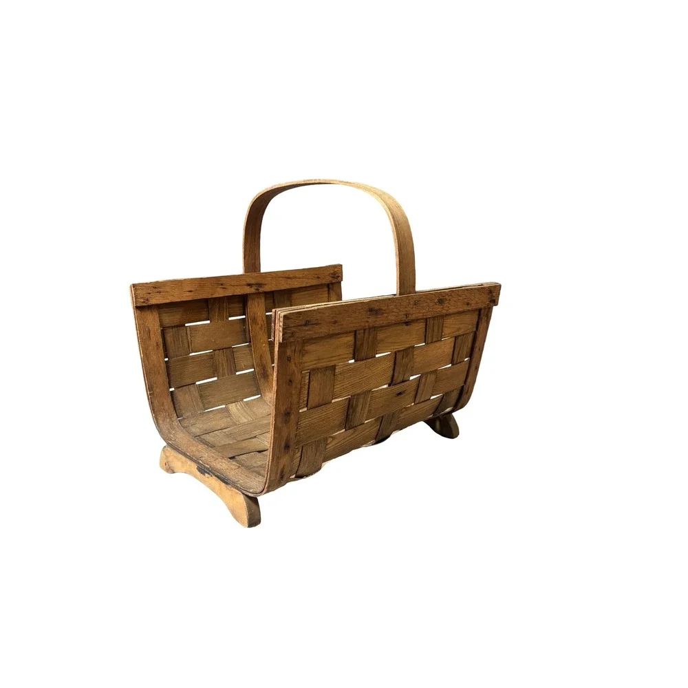 Vintage Woven Oak Splint Magazine Basket with Handle
